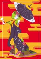 Rule 34 | absurdres, bob cut, colored skin, creatures (company), egasumi, floral print, flower, game freak, gardevoir, gen 3 pokemon, hair flower, hair ornament, highres, holding, holding smoking pipe, holding umbrella, japanese clothes, looking at viewer, multicolored skin, nintendo, niumu, off shoulder, oil-paper umbrella, pink eyes, pokemon, pokemon (creature), smoking pipe, two-tone skin, umbrella, white skin