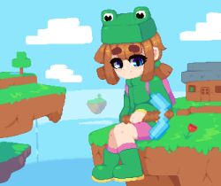 Rule 34 | 1girl, animal costume, backpack, bag, blue eyes, boots, brown hair, cloud, creeper, dithering, floating island, flower, frog costume, holding, house, jacket, long sleeves, minecraft, minimilieu, pickaxe, pixel art, rana (minecraft), short twintails, shorts, smile, thick eyebrows, tree, twintails