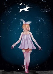 Rule 34 | 1girl, alternate costume, anklet, bad id, bad pixiv id, barefoot, bird, blonde hair, female focus, hair ornament, hair ribbon, hatsuko, jewelry, kagamine rin, night, night sky, outdoors, ribbon, sky, solo, star (sky), twintails, vocaloid