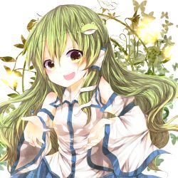 Rule 34 | 1girl, bad id, bad pixiv id, detached sleeves, female focus, flower, frog hair ornament, green eyes, green hair, hair ornament, hair tubes, hanaon, highres, kochiya sanae, long hair, matching hair/eyes, open mouth, plant, silhouette, smile, snake, solo, star-shaped pupils, star (symbol), symbol-shaped pupils, touhou, vines, wide sleeves