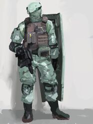 Rule 34 | assault visor, black footwear, black vest, boots, bulletproof vest, clothed robot, commentary, full body, gm (mobile suit), green jacket, green pants, gun, gundam, highres, holding, holding gun, holding shield, holding weapon, humanization, humanoid robot, jacket, knee pads, looking to the side, male focus, military, mobile suit gundam, pants, rintaro komori, robot, shield, solo, submachine gun, vest, weapon