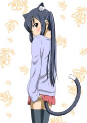 Rule 34 | 1girl, animal ears, bad id, bad pixiv id, black hair, black thighhighs, blush, brown eyes, cat ears, cat tail, from behind, k-on!, long hair, looking at viewer, looking back, musical note, nakano azusa, oku no shi, solo, tail, thighhighs, zettai ryouiki