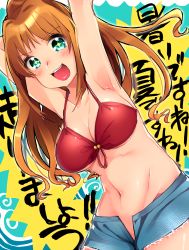 Rule 34 | 1girl, :d, armpits, arms up, bikini, bikini top only, blue shorts, blush, breasts, brown hair, commentary, cutoffs, gareki (pandanokami), green eyes, highres, hino akane (idolmaster), idolmaster, idolmaster cinderella girls, long hair, looking at viewer, medium breasts, micro shorts, navel, open clothes, open mouth, open shorts, red bikini, short shorts, shorts, smile, solo, sparkling eyes, standing, swimsuit, translated