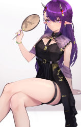 Rule 34 | absurdres, arknights, bare legs, black dress, black necktie, bracelet, braid, breasts, closed mouth, crossed legs, dress, earrings, feet out of frame, hand fan, highres, holding, holding fan, horns, jewelry, lava (arknights), lava the purgatory (arknights), lava the purgatory (dusk wisteria) (arknights), long hair, looking at viewer, mari0ball, medium breasts, multiple braids, nail polish, necktie, official alternate costume, paper fan, pointy ears, purple eyes, purple hair, purple nails, see-through, seiza, shawl, shirt, simple background, sitting, sleeveless, sleeveless shirt, solo, thigh strap, uchiwa, white background