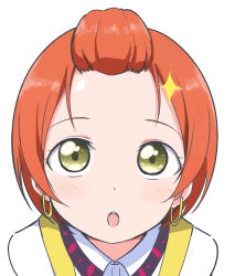 Rule 34 | 1girl, alternate hairstyle, bangs pinned back, blush stickers, collared shirt, earrings, face, forehead, highres, hoshizora rin, jewelry, love live!, love live! school idol project, open mouth, orange hair, shirt, short hair, simple background, solo, sparkle, teeth, upper teeth only, wewe, white background