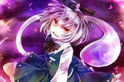 Rule 34 | 1girl, d:, d:&lt;, frilled skirt, frills, hair ribbon, konpaku youmu, konpaku youmu (ghost), kutsuki kai, petals, ribbon, shirt, short hair, silver hair, skirt, touhou, v-shaped eyebrows, yellow eyes