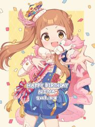 Rule 34 | 1girl, blue shorts, blunt bangs, blush, border, brown eyes, buttons, cape, child, commentary, confetti, dot nose, euphoniummatsu, frilled shirt, frilled sleeves, frills, fur-trimmed cape, fur trim, hair ornament, hand up, highres, ichihara nina, idolmaster, idolmaster cinderella girls, idolmaster cinderella girls starlight stage, light brown hair, long hair, looking at viewer, open mouth, pink cape, puffy shorts, shirt, shorts, side ponytail, sidelocks, smile, solo, suspender shorts, suspenders, thighhighs, v-shaped eyebrows, white border, white shirt, white thighhighs, yellow background