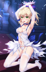 Rule 34 | 1girl, absurdres, ahoge, armpits, artoria pendragon (all), artoria pendragon (fate), blonde hair, blue bow, blue choker, bow, breasts, choker, devil heavens, dress, elbow gloves, fate/grand order, fate (series), garter straps, gloves, green eyes, hair bow, high heels, highres, navel, official alternate costume, panties, ponytail, restrained, saber (fate), saber lily, short dress, sleeveless, sleeveless dress, small breasts, solo, sweat, thighhighs, torn clothes, torn dress, underwear, white dress, white footwear, white panties, white thighhighs