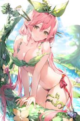 Rule 34 | 1girl, bare shoulders, bikini, blue sky, blush, breasts, brown eyes, bug, butterfly, cleavage, collarbone, day, flower, granblue fantasy, green bikini, hair between eyes, highres, insect, lake, large breasts, leaf, leaf bikini, leaf on head, long hair, looking at viewer, low twintails, monster girl, navel, pink hair, plant girl, pointy ears, red bikini, sky, smile, solo, swimsuit, thighhighs, tree, twintails, umibouzu (niito), very long hair, wading, water, yggdrasil (granblue fantasy)