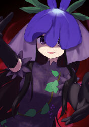 Rule 34 | 144udy, 1girl, absurdres, black gloves, black hair, dress, elbow gloves, flower, flower on head, gloves, grape print, highres, leaf print, long hair, looking at viewer, orchid, puffy short sleeves, puffy sleeves, purple dress, purple eyes, red background, short sleeves, smile, solo, touhou, unfinished dream of all living ghost, upper body, yomotsu hisami