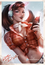 Rule 34 | 1girl, bangle, blue sky, bracelet, brand name imitation, breasts, brown eyes, brown hair, buttons, choker, cleavage, cruiser d.va, d.va (overwatch), dutch angle, earrings, eyelashes, front-tie top, headphones, hoop earrings, jewelry, lens flare, long hair, looking at viewer, md5 mismatch, medium breasts, midriff, nail polish, navel, official alternate costume, olchas, outdoors, overwatch, overwatch 1, parted lips, patreon logo, photo (object), plaid, plaid shirt, red lips, red shirt, resolution mismatch, shirt, short sleeves, signature, sky, smile, soda, soda bottle, solo, source smaller, upper body, white choker