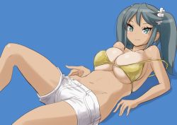 Rule 34 | 1girl, bikini, blue background, breasts, cleavage, collarbone, commentary request, cowboy shot, green eyes, grey hair, isuzu (kancolle), kantai collection, large breasts, long hair, looking at viewer, lying, shorts, simple background, smile, solo, swimsuit, tamu (mad works), twintails, white shorts, yellow bikini