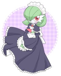 Rule 34 | 1girl, absurdres, apron, artist name, ascot, black capelet, black skirt, black sleeves, blush, bob cut, brooch, capelet, closed mouth, clothed pokemon, colored skin, creatures (company), detached sleeves, female focus, flat chest, frilled apron, frilled skirt, frilled sleeves, frills, full body, game freak, gardevoir, gem, gen 3 pokemon, green hair, green skin, hair over one eye, happy, highres, jewelry, juliet sleeves, long skirt, long sleeves, looking at viewer, maid, maid headdress, meru (mer milky77), multicolored skin, nintendo, one eye covered, own hands together, plaid, plaid background, pokemon, pokemon (creature), puffy sleeves, purple background, red eyes, red gemstone, short hair, signature, skirt, smile, solo, standing, twitter username, two-tone skin, waist apron, white apron, white ascot, white skin