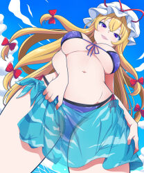 Rule 34 | 1girl, bikini, blonde hair, blue sarong, blue sky, bow, cloud, cloudy sky, commentary request, cowboy shot, day, from below, front-tie bikini top, front-tie top, grin, groin, hair bow, hat, hat ribbon, highres, kisaragi koushi, long hair, mob cap, multiple hair bows, navel, outdoors, parted lips, purple bikini, purple eyes, red bow, red ribbon, ribbon, sarong, see-through, see-through sarong, sky, smile, solo, swimsuit, thighs, touhou, very long hair, white hat, yakumo yukari