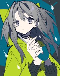 Rule 34 | 1girl, black choker, blue umbrella, choker, closed mouth, commentary request, earrings, grey background, grey eyes, grey hair, highres, holding, holding umbrella, jewelry, long hair, long sleeves, looking at viewer, mochizuki kei, original, pale skin, raincoat, simple background, solo, umbrella, upper body, water drop