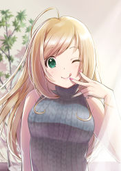 Rule 34 | 1girl, ;p, ahoge, bare shoulders, blurry, blurry background, blush, curtains, green eyes, hair down, highres, idolmaster, idolmaster cinderella girls, indoors, light brown hair, lipstick, long hair, looking at viewer, makeup, nail polish, nonono (1399900), one eye closed, plant, ribbed sweater, sato shin, sleeveless, sleeveless sweater, sleeveless turtleneck, smile, solo, sweater, swept bangs, tongue, tongue out, turtleneck, turtleneck sweater, v