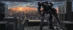 Rule 34 | absurdres, armored core, building, city below, city lights, cityscape, cloud, cloudy sky, commentary request, glowing, glowing eye, gun, havocx, highres, holding, holding gun, holding weapon, mecha, no humans, rifle, road, robot, scenery, sky, standing, street, sunset, weapon