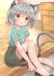 Rule 34 | 1girl, animal ear fluff, animal ears, ashino chimado, blouse, blue shirt, crystal, grey hair, hair between eyes, highres, jewelry, mouse ears, mouse girl, mouse tail, nazrin, pendant, red eyes, shirt, short hair, solo, tail, touhou, wooden floor