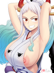 Rule 34 | 1girl, armpits, arms behind head, arms up, breasts, devilukez, grin, highres, horns, huge breasts, long hair, looking at viewer, nipple slip, nipples, one piece, red eyes, sideboob, simple background, smile, solo, upper body, white background, white hair, yamato (one piece)