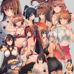 Rule 34 | 6+girls, absurdres, adjusting hair, alternate costume, armpits, ass, back, bikini, black dress, black gloves, black hair, black pants, blue eyes, blush, book, bottle, breast press, breasts, brown eyes, brown hair, candy, casual, cleavage, closed mouth, collarbone, commentary request, cup, dark-skinned female, dark skin, dress, elbow gloves, fingerless gloves, flower, food, foreshortening, glasses, gloves, green eyes, grey background, groin, hair between eyes, hair flower, hair ornament, hairband, headgear, heart, highres, holding, holding bottle, holding food, holding umbrella, japanese clothes, kantai collection, kasumi (skchkko), kimono, large breasts, lollipop, long hair, long sleeves, looking at viewer, multiple girls, multiple views, musashi (kancolle), musashi kai ni (kancolle), mutsu (kancolle), nagato (kancolle), navel, oil-paper umbrella, pants, pink flower, pleated skirt, ponytail, ramune, red eyes, red legwear, red skirt, red umbrella, saratoga (kancolle), shirt, short hair, short sleeves, side ponytail, silver hair, simple background, skirt, smile, swimsuit, symmetrical docking, thighhighs, umbrella, very long hair, white bikini, white shirt, white skirt, wide sleeves, yahagi (kancolle), yamato (kancolle), yellow hairband, yellow skirt, yukata