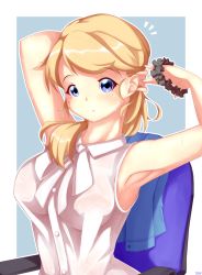 Rule 34 | 1girl, adjusting hair, armpits, arms behind head, arms up, bare arms, blonde hair, blue eyes, blush, breasts, chair, coat, ellen baker, highres, large breasts, long hair, looking at viewer, new horizon, psychopath idiot, scrunchie, shirt, sitting, solo, sweat, tying hair, unworn coat, upper body, wet, wet clothes, wet shirt