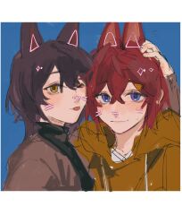 Rule 34 | 2girls, ange katrina, animal ears, blue background, brown hair, chinese commentary, closed mouth, commentary request, dog ears, drawn ears, drawn whiskers, hand on another&#039;s shoulder, highres, inui toko, jacket, kemonomimi mode, lingyi, looking at viewer, multiple girls, nijisanji, one eye closed, orange jacket, purple eyes, red hair, short hair, simple background, smile, tongue, tongue out, upper body, virtual youtuber, yellow eyes