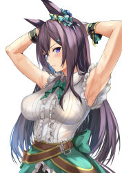 Rule 34 | 1girl, absurdres, animal ears, armpits, arms behind head, back bow, belt, blush, bow, bowtie, breasts, brown hair, closed mouth, cowboy shot, frilled skirt, frills, green bow, green bowtie, green skirt, grey shirt, highres, horse ears, large breasts, long hair, looking at viewer, mejiro dober (umamusume), purple eyes, shirt, simple background, skirt, sleeveless, sleeveless shirt, solo, sweat, uchida shou, umamusume, v-shaped eyebrows, very long hair, white background