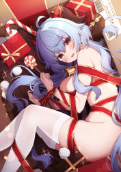 Rule 34 | 1girl, absurdres, ahoge, artist request, bell, blue hair, blush, box, breasts, candy, candy cane, commentary request, feet out of frame, food, from above, ganyu (genshin impact), genshin impact, goat horns, highres, horns, in box, in container, large breasts, lollipop, long hair, looking at viewer, lying, on side, parted lips, poinia, purple eyes, red ribbon, restrained, ribbon, solo, thighhighs, thighs, white thighhighs