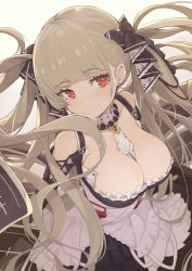 Rule 34 | 1girl, apron, azur lane, bare shoulders, between breasts, black bow, black dress, black ribbon, blush, bow, breasts, cleavage, closed mouth, clothing cutout, collarbone, commentary request, detached collar, dress, earrings, flight deck, floating hair, formidable (azur lane), frilled dress, frills, from above, gradient background, hair bow, hair ribbon, highres, jewelry, large breasts, light brown hair, long hair, long sleeves, looking at viewer, necktie, necktie between breasts, red eyes, ribbon, rigging, shoulder cutout, simple background, smile, solo, tam-u, twintails, two-tone dress, two-tone ribbon, upper body, very long hair, white background