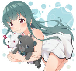 Rule 34 | 1girl, animal, bare arms, bear, blue eyes, blunt bangs, blush, bow, bowtie, closed mouth, collarbone, commentary request, dress, green hair, hair ribbon, highres, holding, holding animal, kuma kuma kuma bear, kumakyuu (kuma kuma kuma bear), kumayuru (kuma kuma kuma bear), long hair, looking at viewer, motsutoko, red eyes, ribbon, simple background, smile, sundress, white background, white dress, yuna (kuma kuma kuma bear)