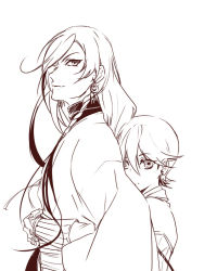 Rule 34 | 10s, 2boys, age difference, earrings, height difference, horikawa kunihiro, hug, hug from behind, izumi-no-kami kanesada, japanese clothes, jewelry, long hair, looking at viewer, male focus, monochrome, multiple boys, short hair, simple background, touken ranbu, white background, zuwai kani