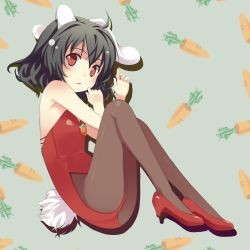 Rule 34 | 1girl, animal costume, animal ears, ass, bare shoulders, black hair, carrot, doriruman, female focus, flat chest, high heels, inaba tewi, jewelry, leotard, lying, necklace, on side, pantyhose, playboy bunny, rabbit ears, rabbit tail, red eyes, shoes, short hair, simple background, solo, tail, touhou