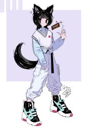 Rule 34 | 1girl, animal ears, baggy pants, black eyes, black hair, blunt bangs, bright pupils, claw pose, closed mouth, collared shirt, full body, hand up, highres, layered clothes, layered sleeves, legs apart, long sleeves, maymay pic, medium hair, multicolored footwear, original, pants, shirt, short over long sleeves, short sleeves, simple background, solo, standing, tail, white pupils, wolf ears, wolf tail