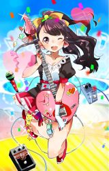 Rule 34 | 1girl, ;d, bag charm, breasts, cable, charm (object), cleavage, confetti, earrings, electric guitar, gloves, guitar, guitar pedal, hair ribbon, half updo, heart, heart earrings, instrument, jewelry, kujou ume, looking at viewer, microphone, no socks, one eye closed, open mouth, purple eyes, purple hair, ribbon, scarf, single glove, smile, solo, sticker, sunameri oishii, swept bangs, tokyo 7th sisters