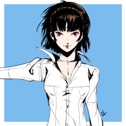 Rule 34 | 10s, 1girl, blue background, breasts, brown hair, cleavage, collarbone, dh (brink of memories), dress shirt, highres, looking at viewer, medium breasts, niijima makoto, outstretched arm, persona, persona 5, red eyes, shirt, short hair, sketch, smile, solo, upper body, white shirt