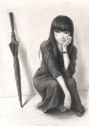 Rule 34 | 1girl, absurdres, bad id, bad pixiv id, barefoot, blunt bangs, closed umbrella, dress, eyelashes, full body, graphite (medium), greyscale, hand on own cheek, hand on own face, highres, hiru, light smile, long hair, monochrome, original, shadow, simple background, solo, squatting, traditional media, umbrella, watch, white background, wristwatch