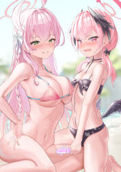 Rule 34 | 2girls, absurdres, age difference, ahoge, asymmetrical docking, barefoot, bikini, bikini top only, black bikini, black bow, black wings, blue archive, blurry, blurry background, blush, bottomless, bow, braid, breast press, breasts, commentary, feathered wings, floral print, front-tie bikini top, front-tie top, gisi (gicgic draw), green eyes, grin, hair bow, hair over shoulder, halo, hanako (blue archive), hanako (swimsuit) (blue archive), hand on another&#039;s back, hand on another&#039;s waist, haniwa (statue), head wings, highres, huge ahoge, koharu (blue archive), koharu (swimsuit) (blue archive), large breasts, long hair, looking at viewer, low twintails, low wings, multiple girls, navel, nervous, nose blush, official alternate costume, onee-loli, open mouth, outdoors, pink bikini, pink eyes, pink hair, pink halo, print bikini, side braid, single braid, small breasts, smile, spaghetti strap, swimsuit, twintails, very long hair, wavy mouth, white bow, wings, yuri