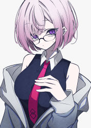 Rule 34 | 1girl, absurdres, bare shoulders, black-framed eyewear, black dress, breasts, chaldea logo, closed mouth, clothes pull, collared shirt, commentary request, detached sleeves, dot nose, dress, fate/grand order, fate (series), glasses, grey jacket, hair between eyes, hair over one eye, hand on own chest, highres, hood, hooded jacket, jacket, jacket pull, looking at viewer, mash kyrielight, medium hair, nanashnojo, necktie, pink hair, purple eyes, red necktie, shirt, simple background, sleeveless, sleeveless shirt, solo, sweatdrop, upper body