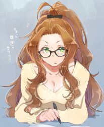 Rule 34 | 1girl, ahoge, bespectacled, black-framed eyewear, black ribbon, blush, bow, bra strap, breasts, brown hair, cleavage, collarbone, earrings, elbows on table, glasses, green eyes, grey background, hair bow, hair ribbon, highres, holding, holding pen, idolmaster, idolmaster million live!, idolmaster million live! theater days, jewelry, long hair, long sleeves, looking at viewer, medium breasts, morihito, nail polish, nikaidou chizuru, parted lips, pen, pink nails, ponytail, ribbon, simple background, sitting, solo, sweater, very long hair, yellow sweater