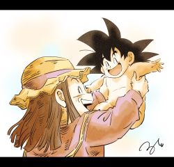 Rule 34 | 1boy, 1girl, ^ ^, aged up, baby, baby carry, black hair, carrying, child carry, closed eyes, dragon ball, dragon ball gt, grandmother and grandson, grey hair, highres, letterboxed, old, old woman, open mouth, pan (dragon ball), ruto830, smile, son goku jr., spiked hair, teeth, upper teeth only, wrinkled skin