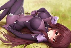 Rule 34 | 1girl, arched back, armor, blush, bodysuit, breasts, curvy, fate/grand order, fate (series), ginhaha, highres, knees up, large breasts, legs up, long hair, looking at viewer, lying, on back, parted lips, pauldrons, purple bodysuit, purple hair, red eyes, scathach (fate), shoulder armor