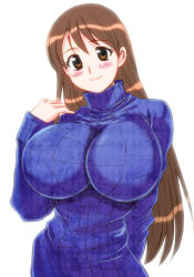 Rule 34 | 1girl, arm behind back, blush, breasts, brown eyes, brown hair, impossible clothes, kamisama dolls, large breasts, long hair, long sleeves, looking at viewer, perepere-kun, shiba hibino, simple background, smile, solo, sweater, turtleneck, turtleneck sweater, upper body, white background, yellow eyes
