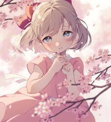 Rule 34 | 1girl, blonde hair, blurry, blush, bow, branch, cherry blossoms, depth of field, dot nose, dress, flower, grey eyes, highres, holding, holding flower, looking at viewer, mother (game), mother 2, nintendo, parted lips, paula (mother 2), pink dress, pink petals, red bow, shifumame, short hair, short sleeves, solo, waist bow