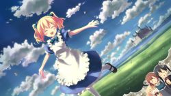 Rule 34 | 3girls, :&gt;, :d, = =, absurdres, alice cartelet, apron, blonde hair, book, castle, cloud, day, dress, closed eyes, field, highres, imagining, inokuma youko, kin-iro mosaic, komichi aya, maid, multiple girls, open mouth, outstretched arms, scan, sky, smile, spread arms, thought bubble, twintails, yuuki tatsuya