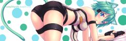 Rule 34 | 1girl, all fours, animal ears, arm strap, ass, blue eyes, blush, cat ears, cat tail, fingerless gloves, from behind, gloves, green hair, hair between eyes, highres, looking at viewer, looking back, nottytiffy, short hair, shorts, sinon (sao-alo), solo, sword art online, tail, thigh strap, watermark, web address