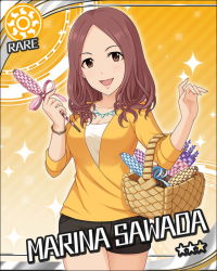 Rule 34 | 10s, 1girl, artist request, black shorts, bracelet, brown eyes, brown hair, card (medium), character name, idolmaster, idolmaster cinderella girls, jewelry, long hair, necklace, official art, orange background, sawada marina, shorts, smile, solo, sparkle, sun symbol