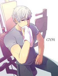 Rule 34 | 1boy, black sclera, blurry, colored sclera, exercise machine, from above, jojo no kimyou na bouken, male focus, muscular, red eyes, risotto nero, silver hair, sitting, solo, towel, wanwan (masaki1016)