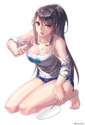 Rule 34 | 00s, 1girl, aken, barefoot, black hair, blue shorts, breasts, cleavage, clothes pull, clothing cutout, collarbone, downblouse, drawstring, dungeon and fighter, eyebrows, eyelashes, fighter (dungeon and fighter), fingernails, full body, hand fan, heart, holding, holding fan, hot, kneehighs, large breasts, long fingernails, long hair, looking at viewer, no bra, open mouth, paper fan, ponytail, print shirt, pulling own clothes, shiny skin, shirt, shirt pull, short shorts, shorts, shoulder cutout, sidelocks, simple background, sleeves pushed up, socks, solo, swept bangs, toenails, toes, tongue, twitter username, uchiwa, very long hair, white background