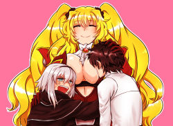 Rule 34 | 1boy, 2girls, ^ ^, anger vein, anne bonny (fate), black coat, black hair, blonde hair, breast smother, breasts, cleavage, closed eyes, coat, face to breasts, fate/grand order, fate (series), fujimaru ritsuka (male), gloves, hand on another&#039;s chest, hand on another&#039;s head, hand on another&#039;s shoulder, height difference, hug, jacket, jealous, large breasts, long hair, looking at another, mary read (fate), multiple girls, pink background, possessive, red coat, red gloves, short hair, silver hair, simple background, smile, twintails, upper body, very long hair, white jacket, yuko (taxidermy)