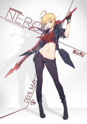 Rule 34 | 10s, 1girl, aestus estus, ahoge, arm at side, arm up, black footwear, black gloves, black jacket, blonde hair, boots, breasts, character name, contrapposto, cosplay, crop top, cross-laced footwear, devil may cry (series), devil may cry 5, fate/extra, fate (series), fingerless gloves, full body, gloves, green eyes, grey background, highres, jacket, jewelry, lace-up boots, looking at viewer, medium breasts, midriff, name connection, navel, nero (devil may cry), nero claudius (fate), nero claudius (fate) (all), nero claudius (fate/extra), nian (zhanian), open clothes, open jacket, pants, pendant, purple pants, smile, solo, standing, taut clothes